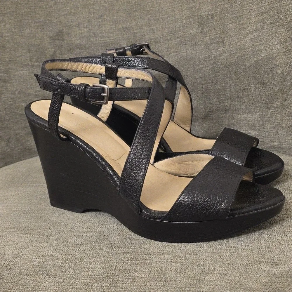 Max Mara Leather‎ Wedge Platform Size 37  US 7 Black  Open Toe